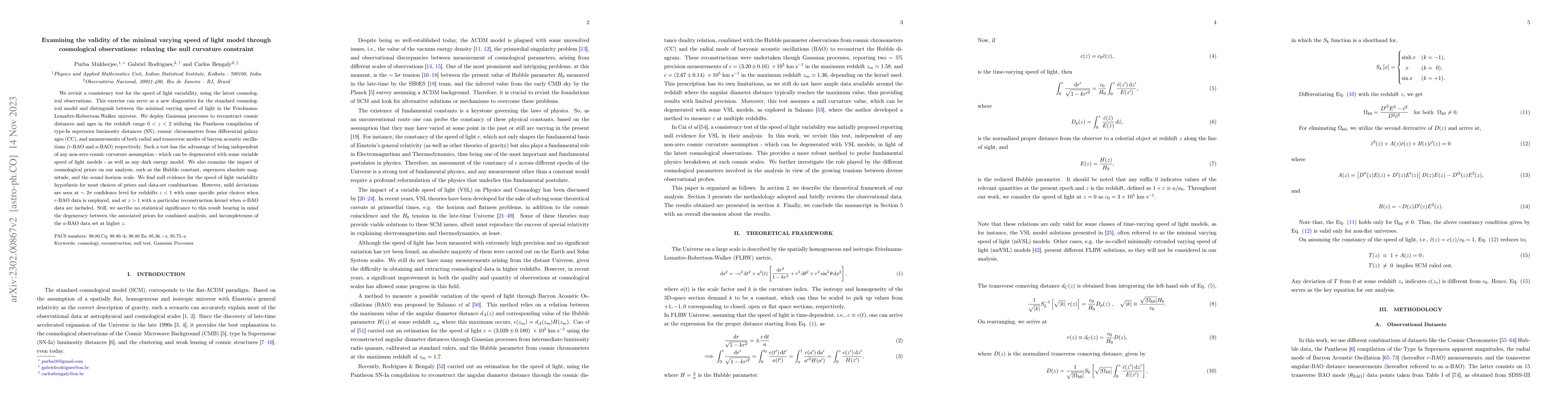 Thumbnail for Examining the validity of the minimal varying speed of light model
  through cosmological observations: relaxing the null curvature constraint