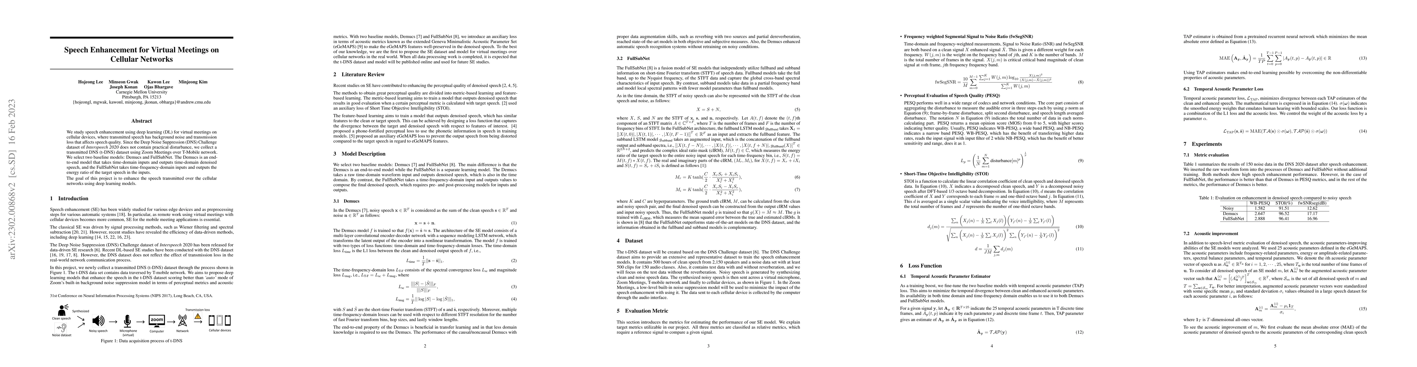 Thumbnail for Speech Enhancement for Virtual Meetings on Cellular Networks