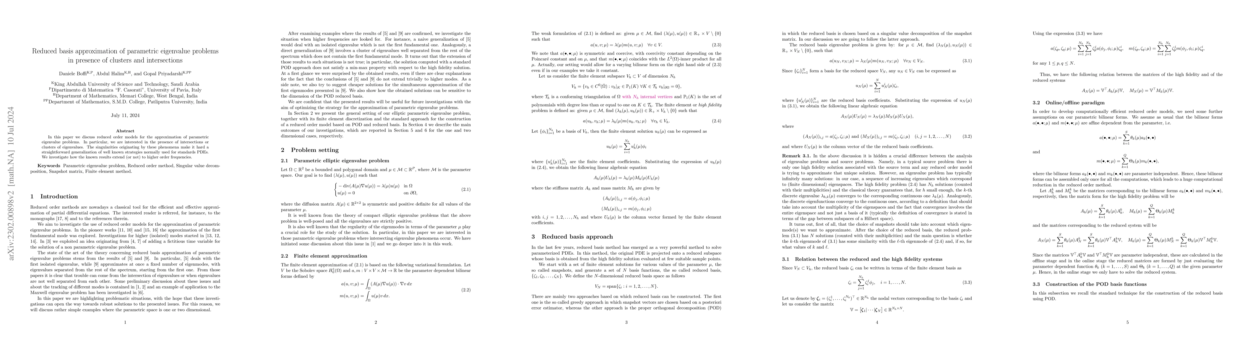 Thumbnail for Reduced basis approximation of parametric eigenvalue problems in
  presence of clusters and intersections
