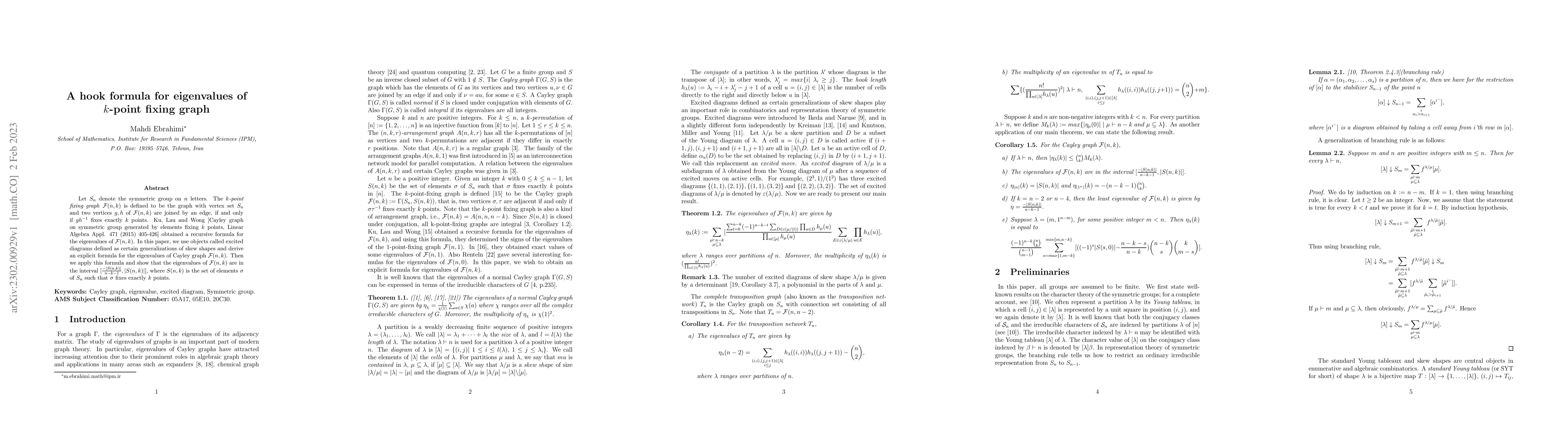 Thumbnail for A hook formula for eigenvalues of k-point fixing graph