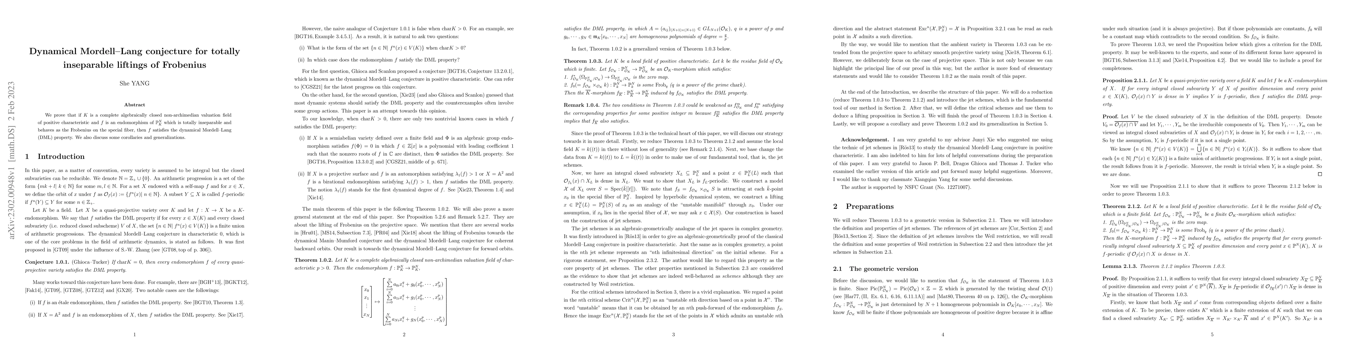 Thumbnail for Dynamical Mordell-Lang conjecture for totally inseparable liftings of
  Frobenius