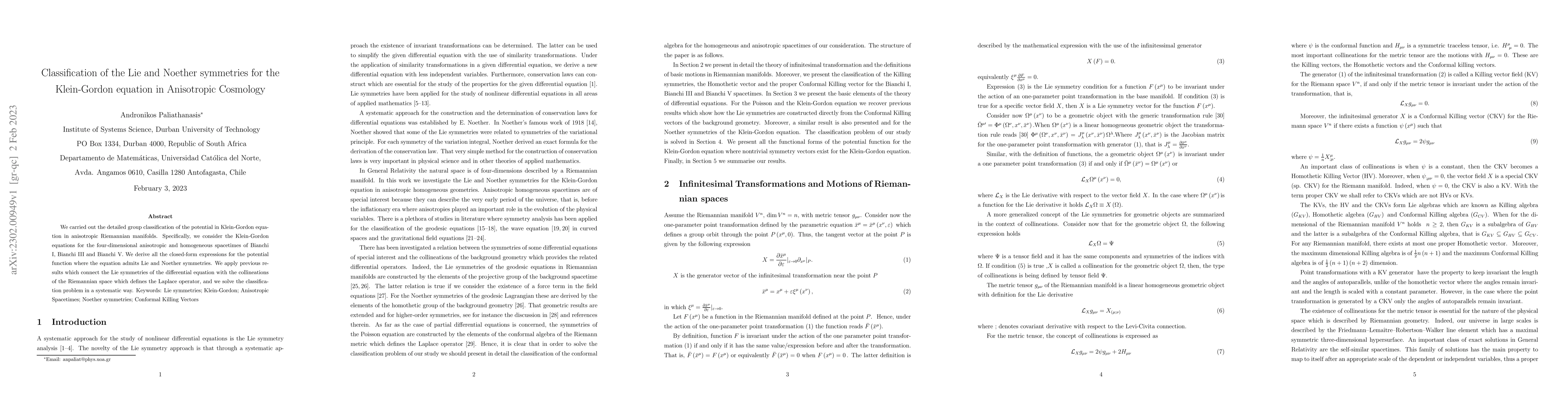 Thumbnail for Classification of the Lie and Noether symmetries for the Klein-Gordon
  equation in Anisotropic Cosmology