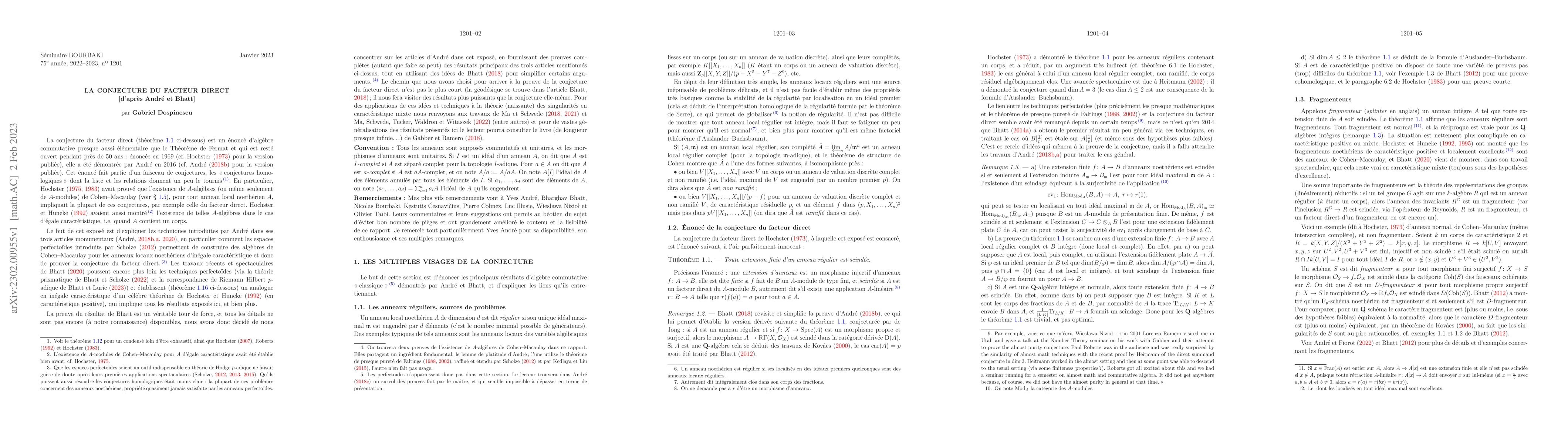 Thumbnail for La conjecture du facteur direct (d'apr\`es Y.Andr\'e et B.Bhatt)