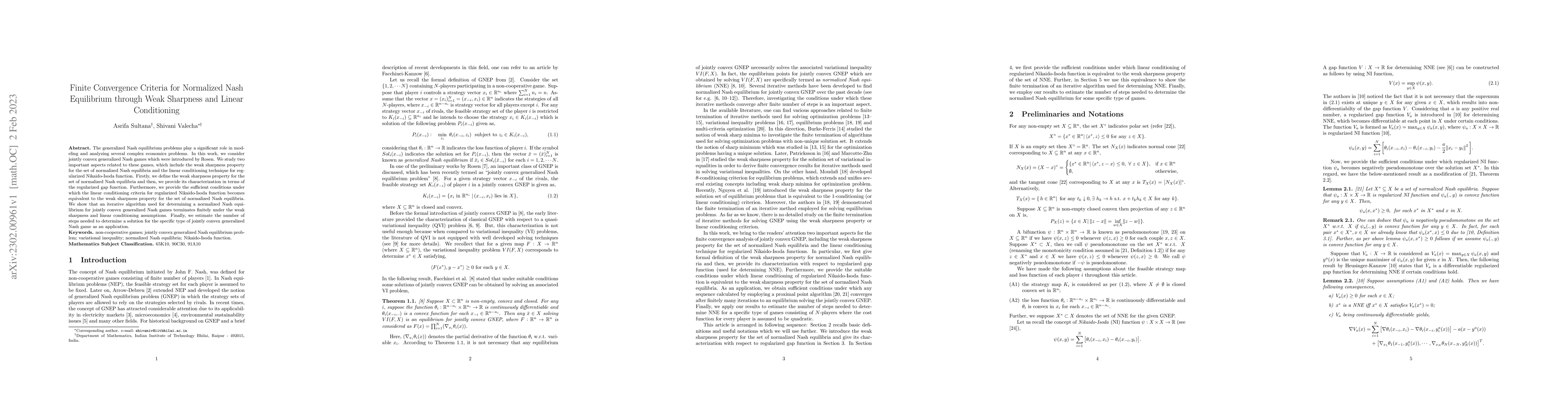 Thumbnail for Finite Convergence Criteria for Normalized Nash Equilibrium through Weak
  Sharpness and Linear Conditioning