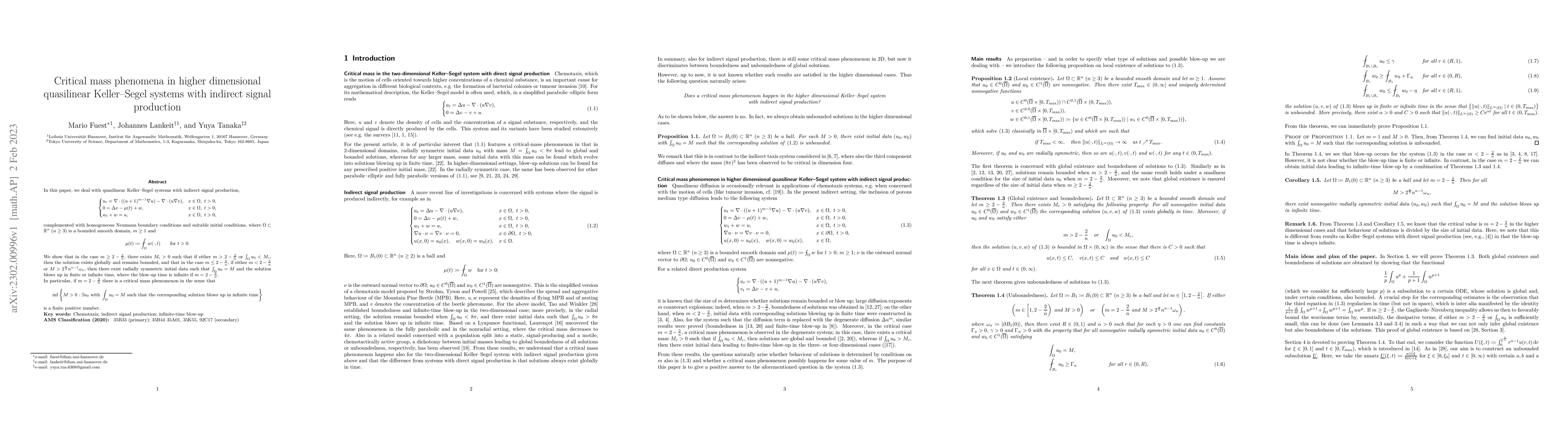 Thumbnail for Critical mass phenomena in higher dimensional quasilinear Keller-Segel
  systems with indirect signal production