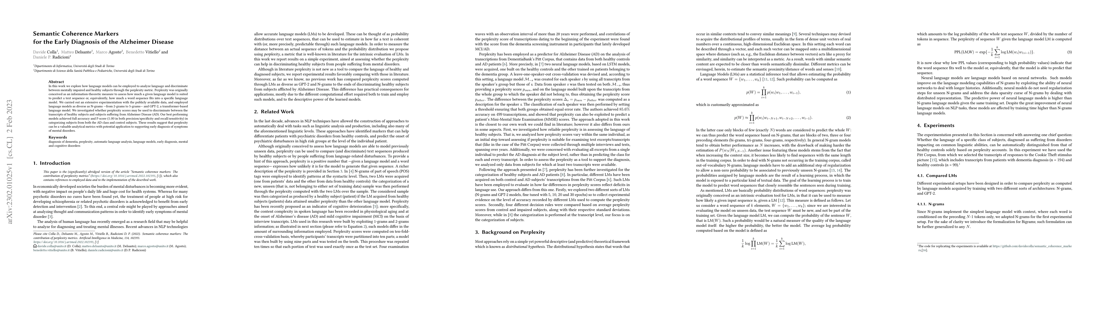 Thumbnail for Semantic Coherence Markers for the Early Diagnosis of the Alzheimer
  Disease