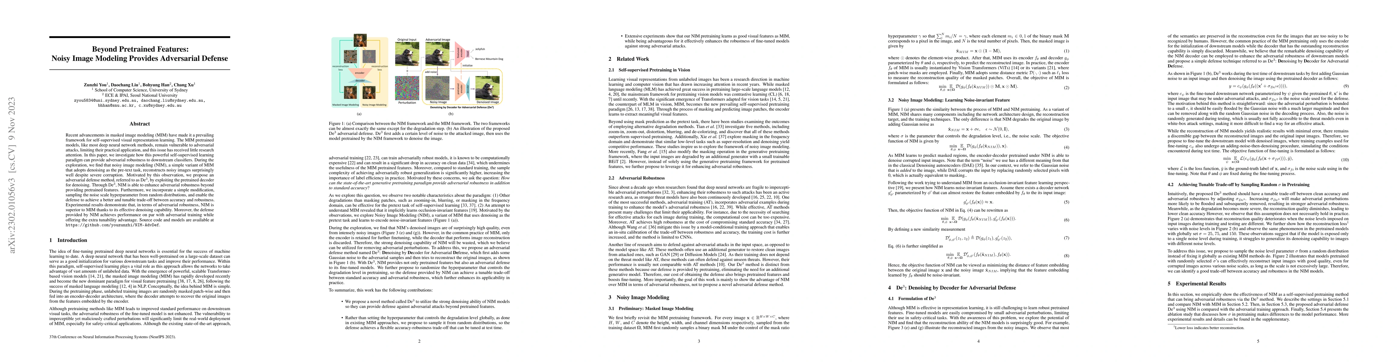 Thumbnail for Beyond Pretrained Features: Noisy Image Modeling Provides Adversarial
  Defense