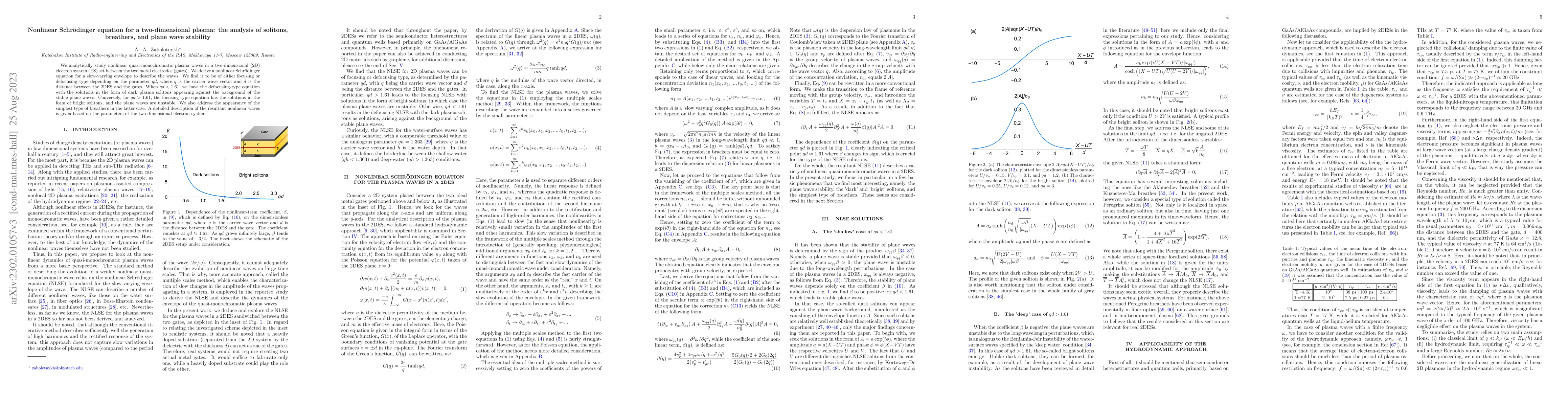 Thumbnail for Nonlinear Schrodinger equation for a two-dimensional plasma: the
  analysis of solitons, breathers, and plane wave stability