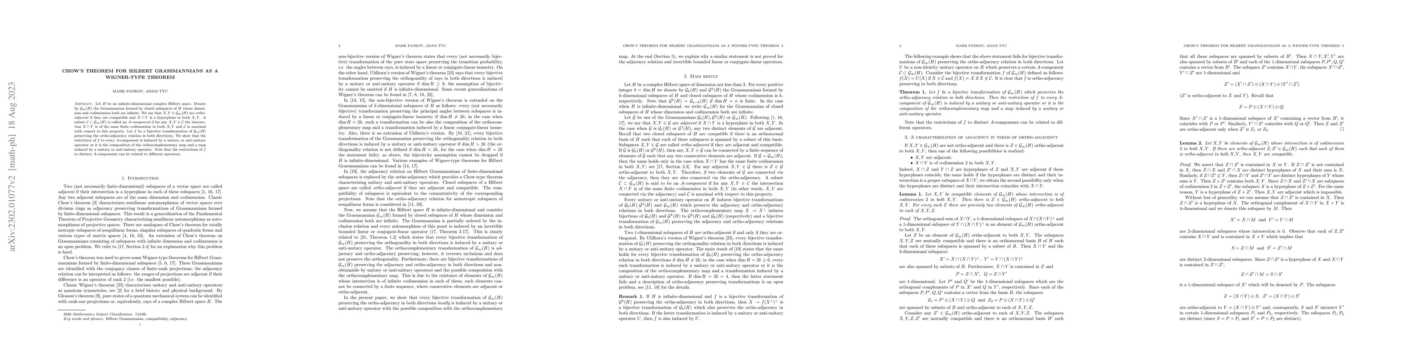Thumbnail for Chow's theorem for Hilbert Grassmannians as a Wigner-type theorem