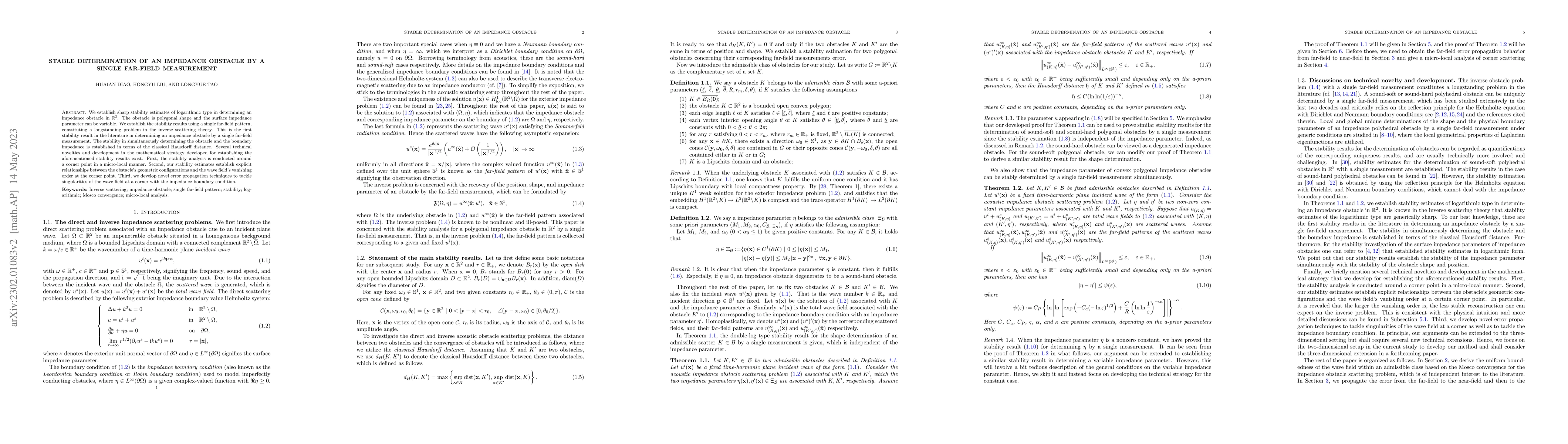 Thumbnail for Stable determination of an impedance obstacle by a single far-field
  measurement