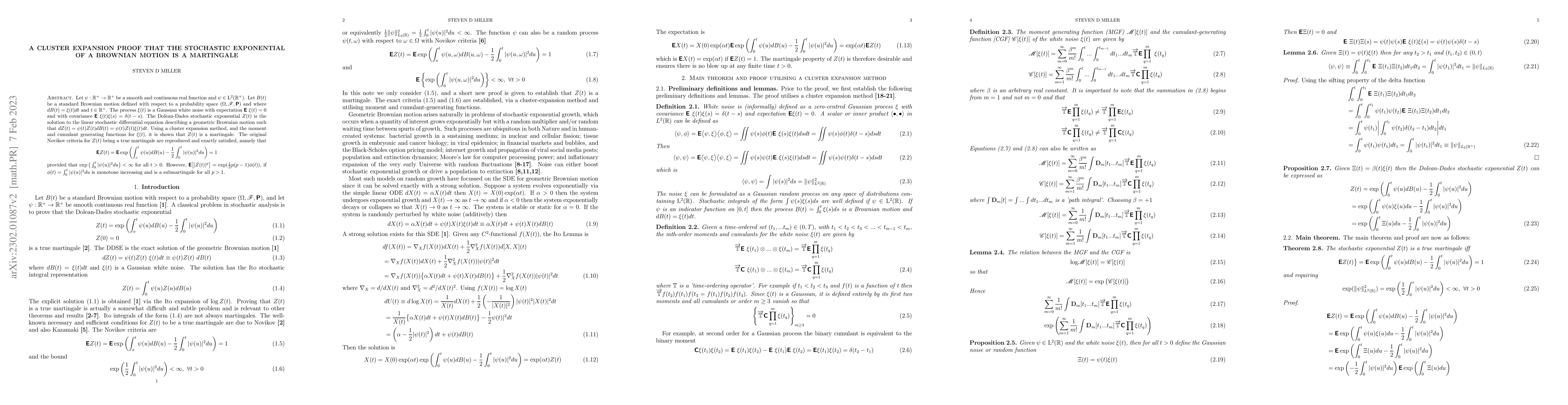 Thumbnail for A Cluster Expansion Proof That The Stochastic Exponential Of A Brownian
  Motion Is A Martingale