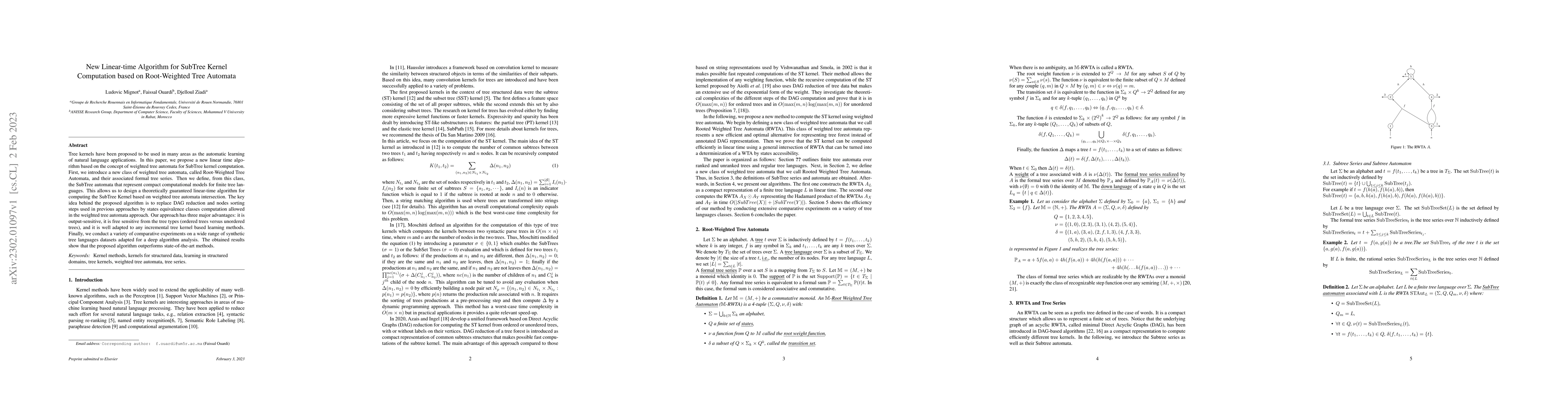 Thumbnail for New Linear-time Algorithm for SubTree Kernel Computation based on
  Root-Weighted Tree Automata