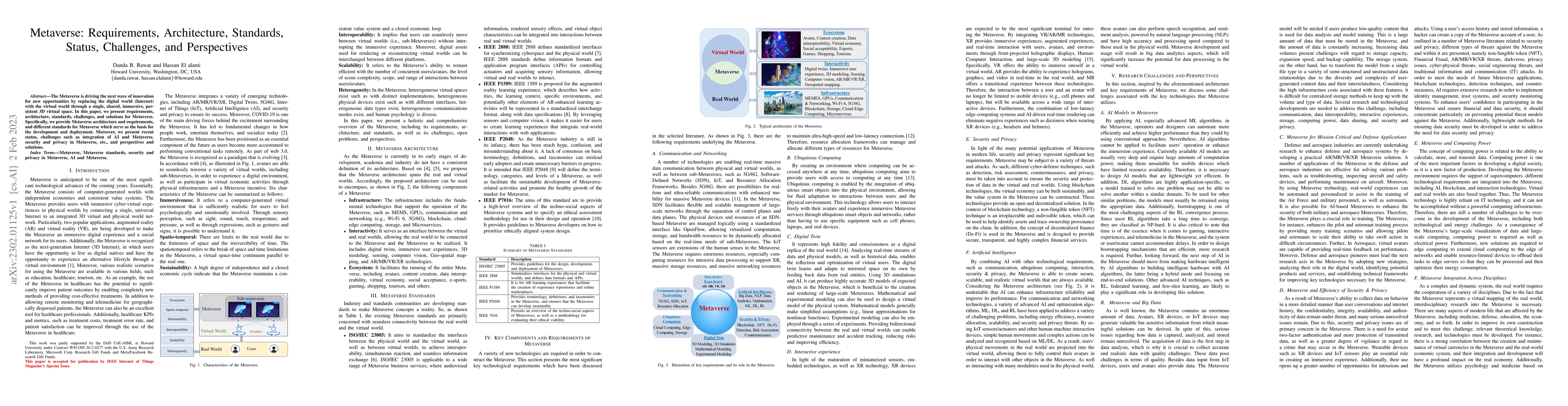 Thumbnail for Metaverse: Requirements, Architecture, Standards, Status, Challenges,
  and Perspectives