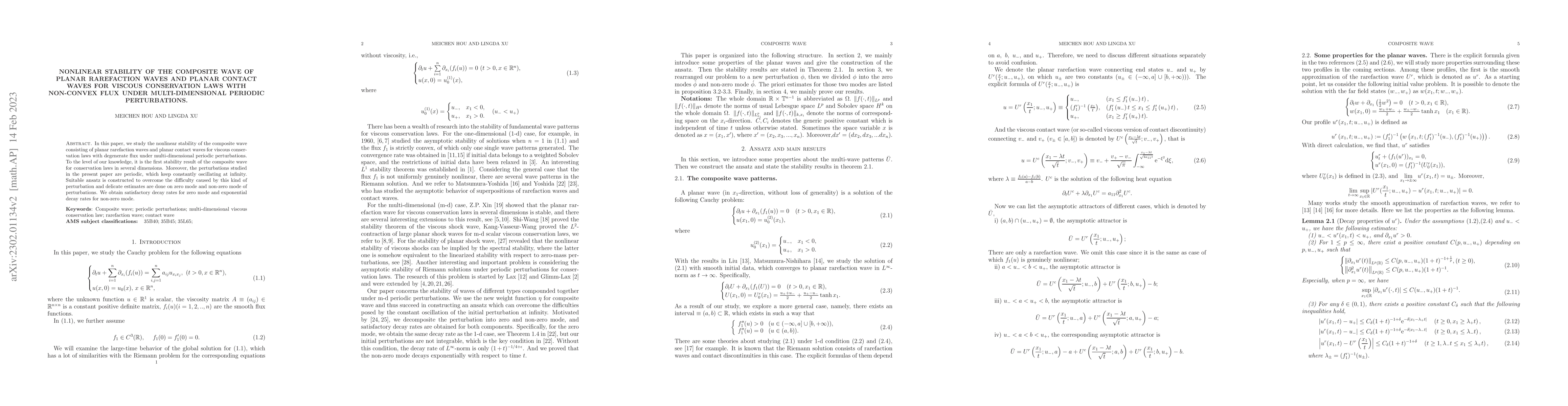 Thumbnail for Nonlinear stability of the composite wave of planar rarefaction waves
  and planar contact waves for viscous conservation laws with non-convex flux
  under multi-dimensional periodic perturbations