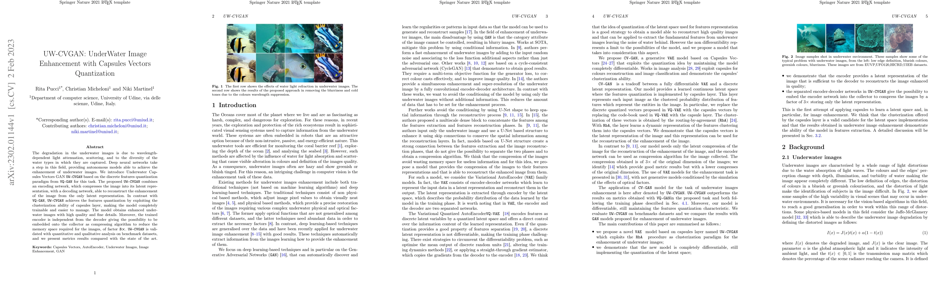 Thumbnail for UW-CVGAN: UnderWater Image Enhancement with Capsules Vectors
  Quantization