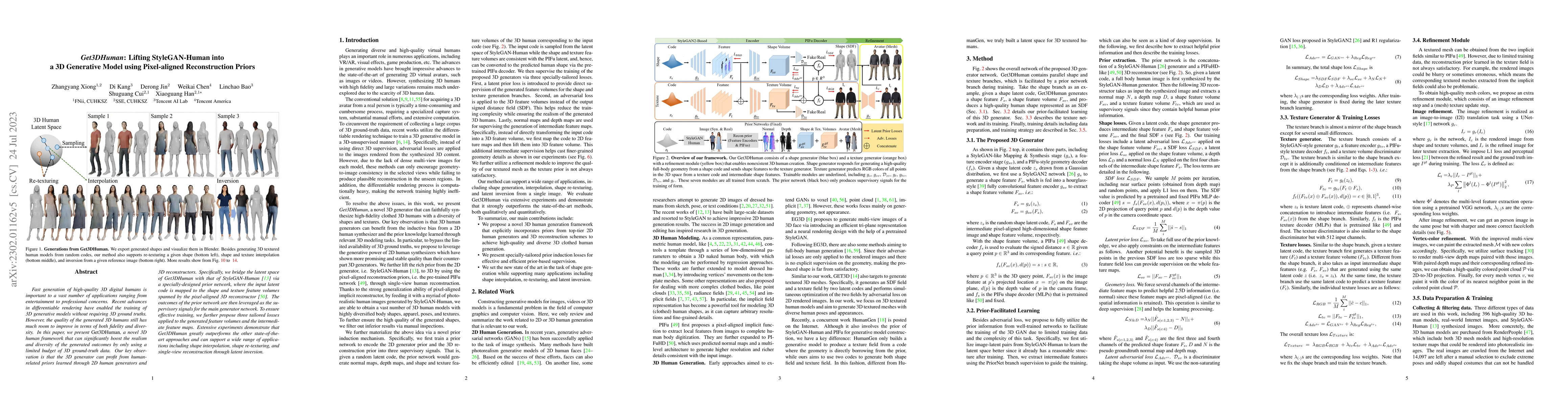 Thumbnail for Get3DHuman: Lifting StyleGAN-Human into a 3D Generative Model using
  Pixel-aligned Reconstruction Priors