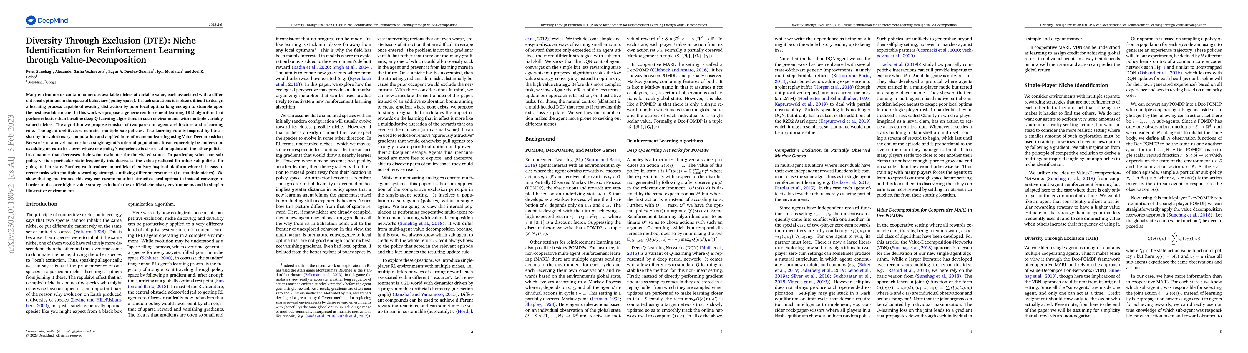 Thumbnail for Diversity Through Exclusion (DTE): Niche Identification for
  Reinforcement Learning through Value-Decomposition