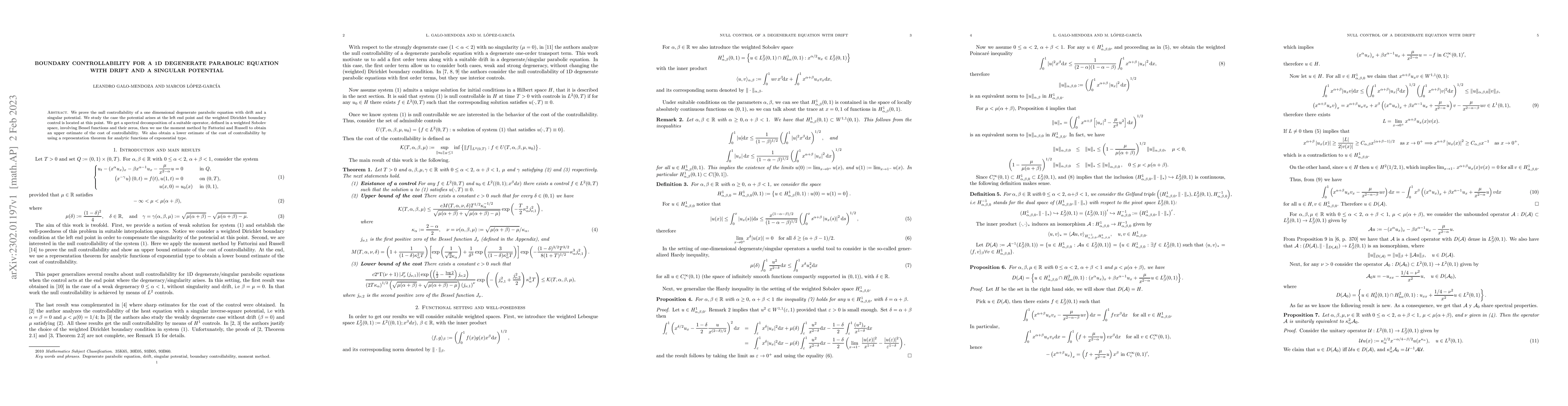 Thumbnail for Boundary controllability for a 1D degenerate parabolic equation with
  drift and a singular potential