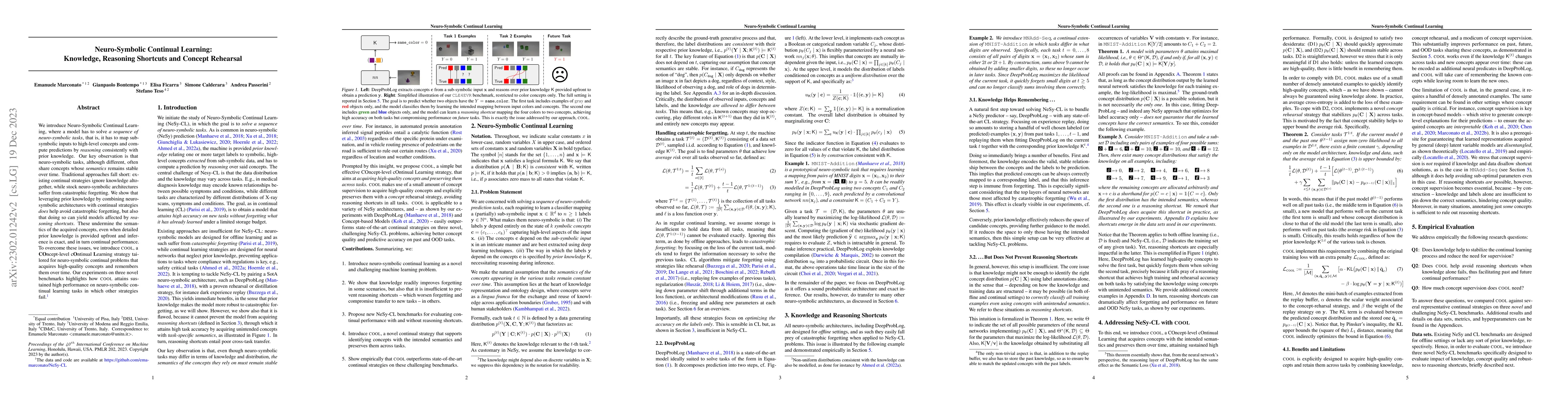 Thumbnail for Neuro-Symbolic Continual Learning: Knowledge, Reasoning Shortcuts and
  Concept Rehearsal