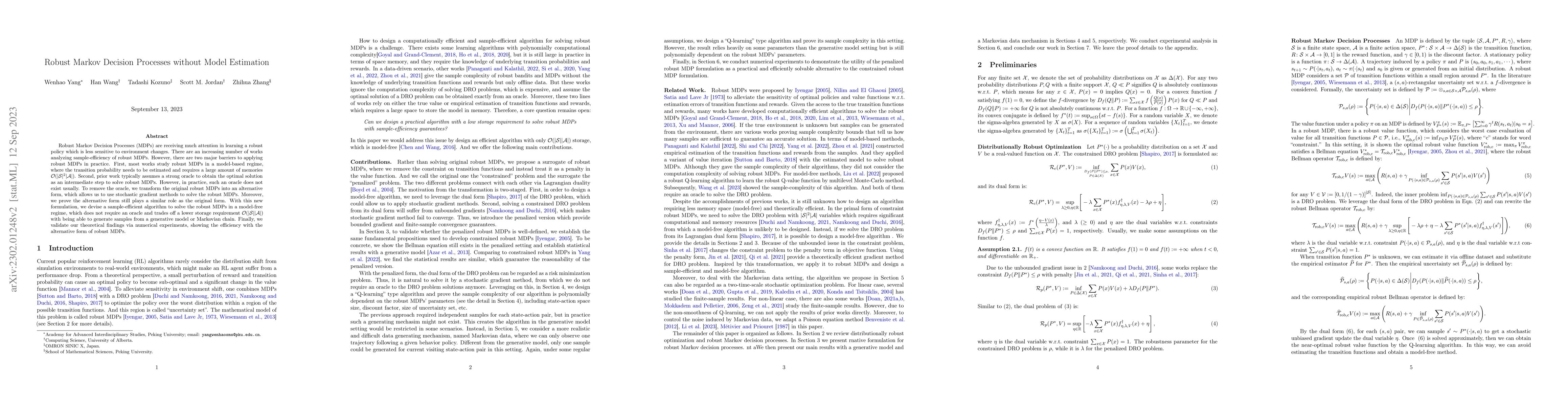 Thumbnail for Robust Markov Decision Processes without Model Estimation
