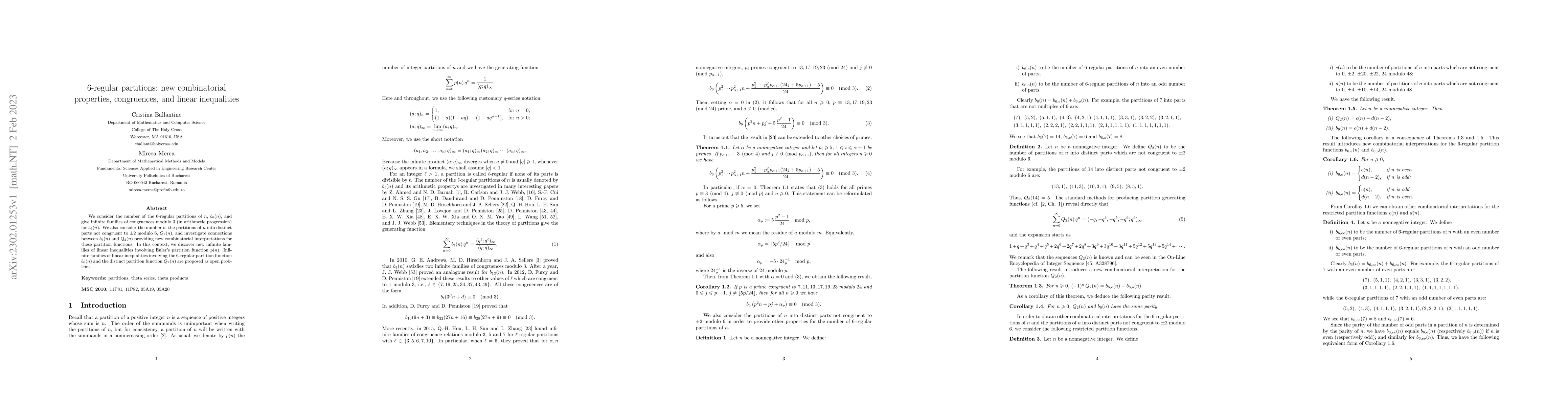 Thumbnail for $6$-regular partitions: new combinatorial properties, congruences, and
  linear inequalities