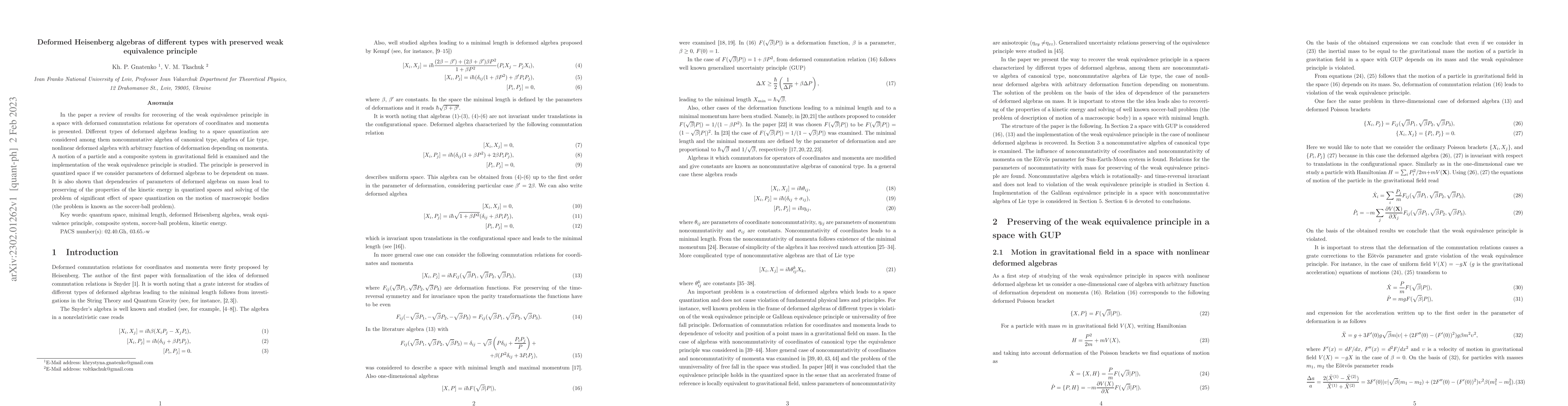 Thumbnail for Deformed Heisenberg algebras of different types with preserved weak
  equivalence principle