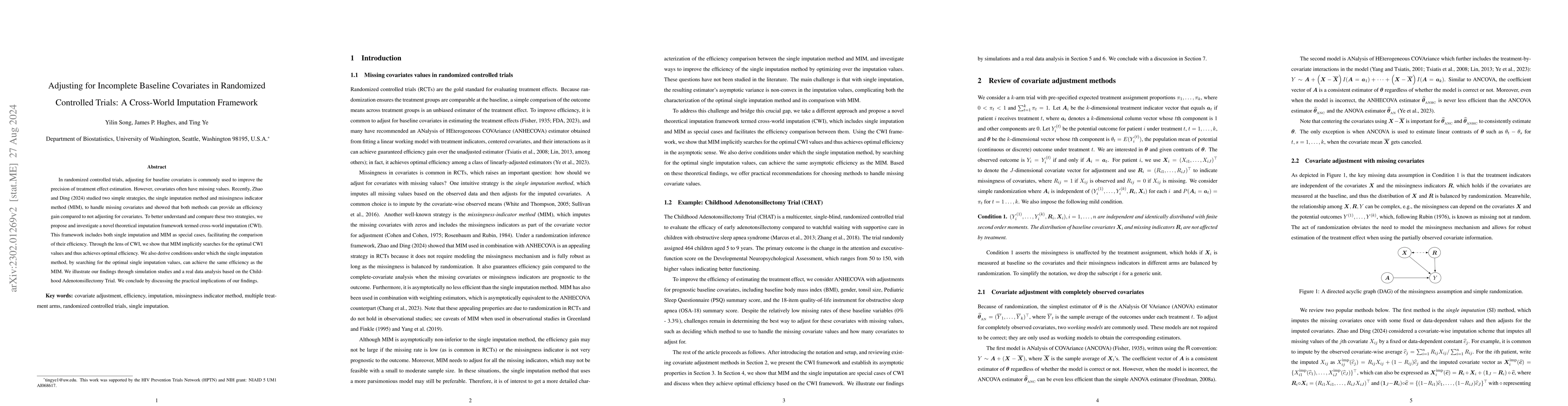 Thumbnail for Adjusting for Incomplete Baseline Covariates in Randomized Controlled
  Trials: A Cross-World Imputation Framework