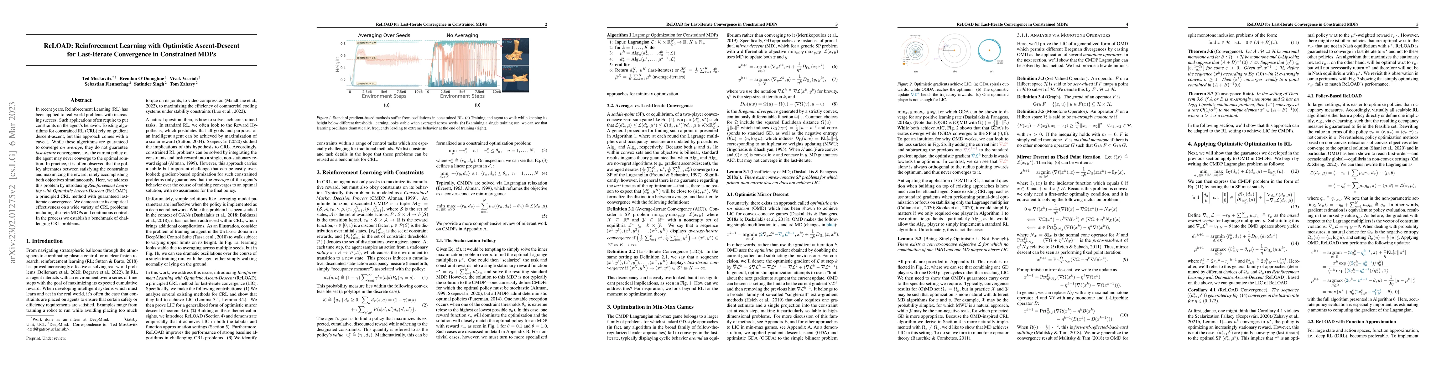 Thumbnail for ReLOAD: Reinforcement Learning with Optimistic Ascent-Descent for
  Last-Iterate Convergence in Constrained MDPs