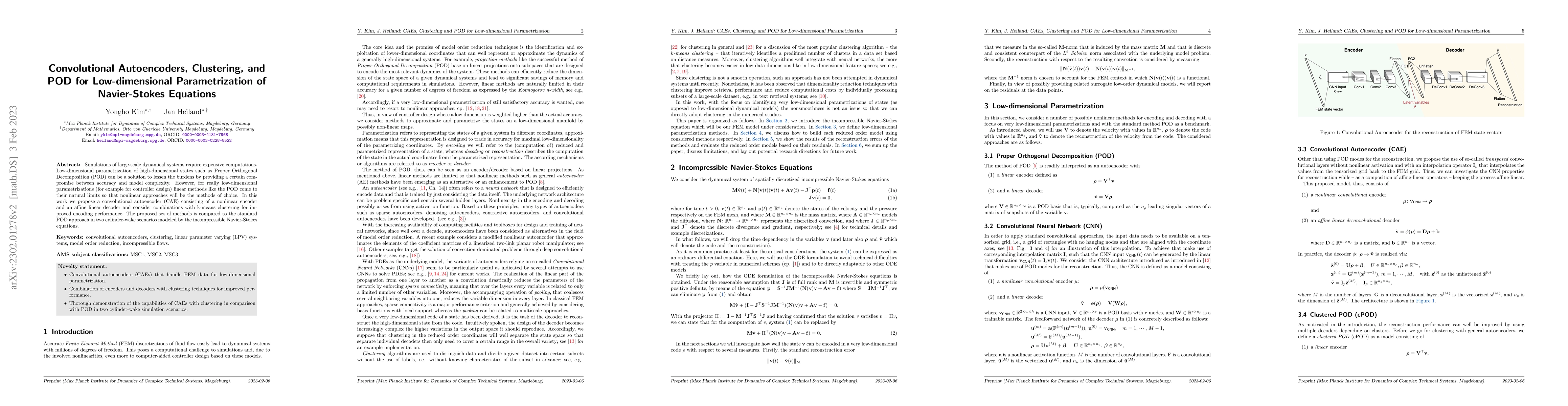 Thumbnail for Convolutional Autoencoders, Clustering and POD for Low-dimensional
  Parametrization of Navier-Stokes Equations