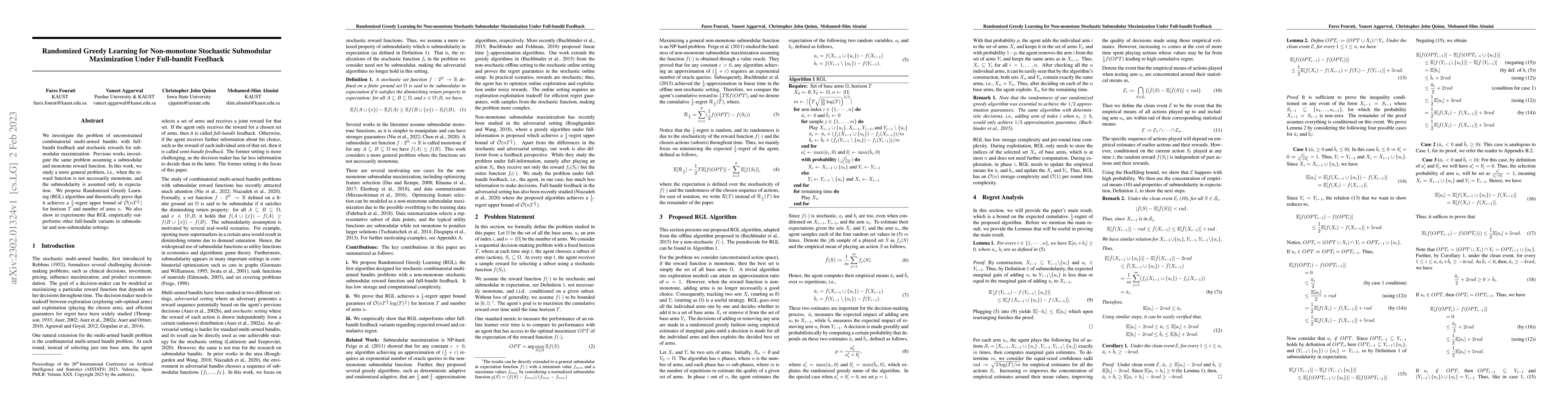 Thumbnail for Randomized Greedy Learning for Non-monotone Stochastic Submodular
  Maximization Under Full-bandit Feedback