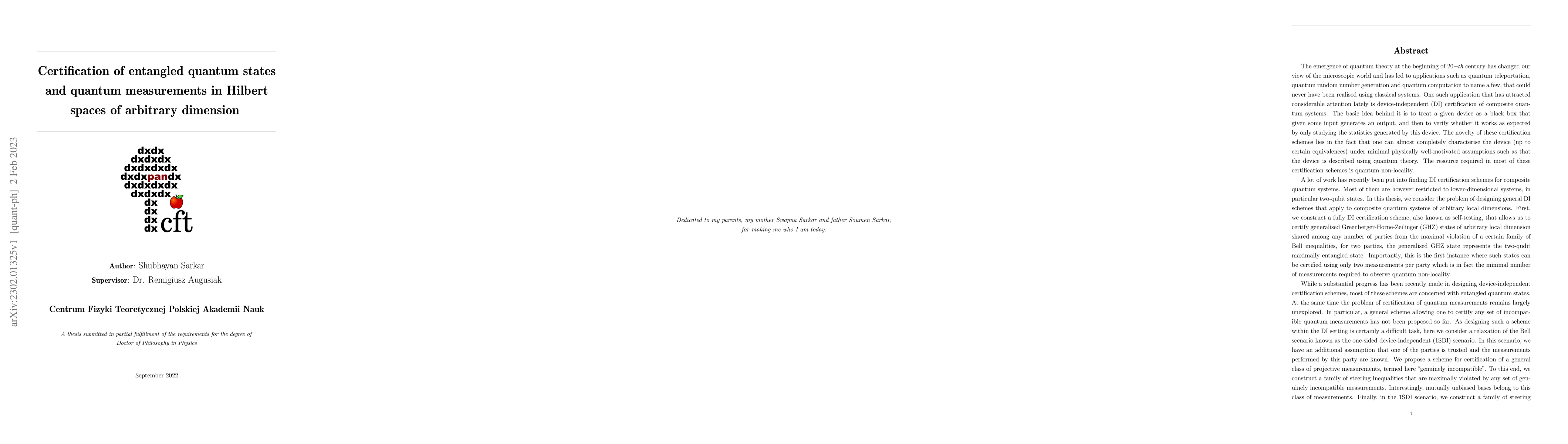 Thumbnail for Certification of entangled quantum states and quantum measurements in
  Hilbert spaces of arbitrary dimension