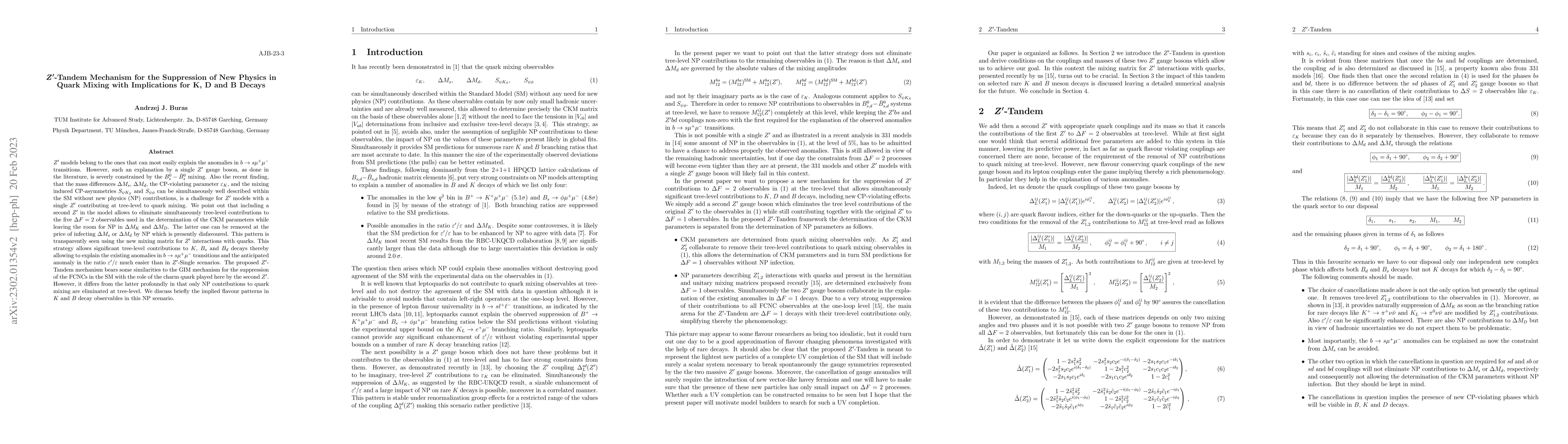 Thumbnail for $Z^\prime$-Tandem Mechanism for the Suppression of New Physics in Quark
  Mixing with Implications for K, D and B Decays