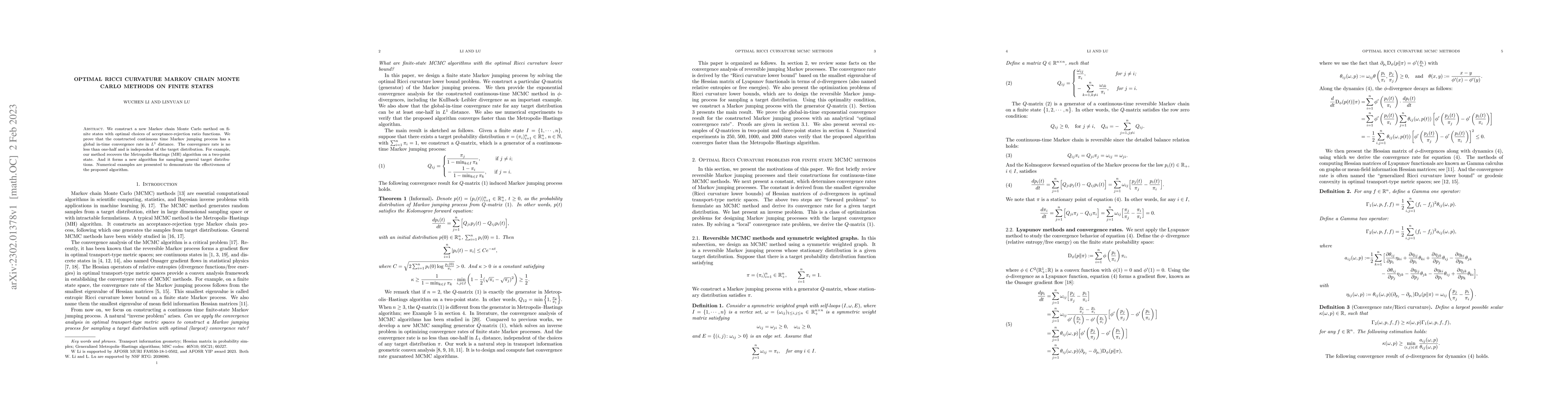 Thumbnail for Optimal Ricci curvature Markov chain Monte Carlo methods on finite
  states