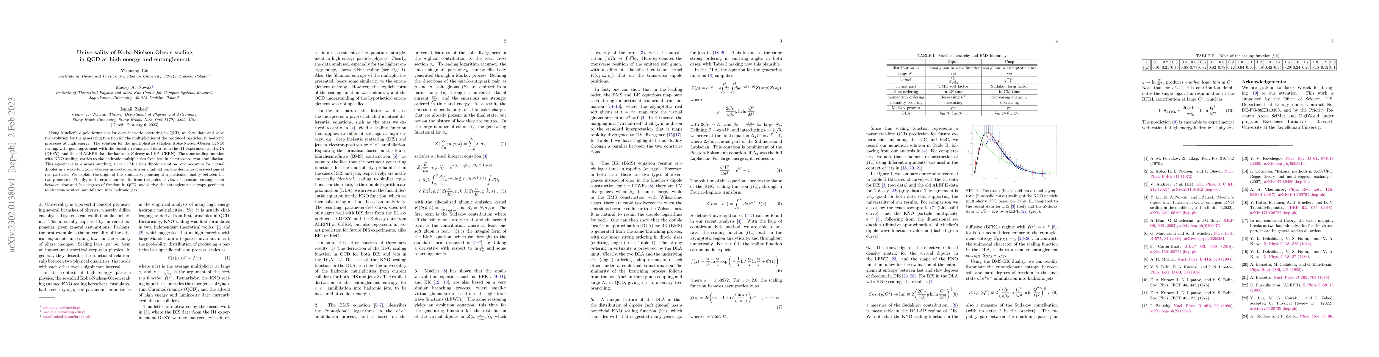 Thumbnail for Universality of Koba-Nielsen-Olesen scaling in QCD at high energy and
  entanglement