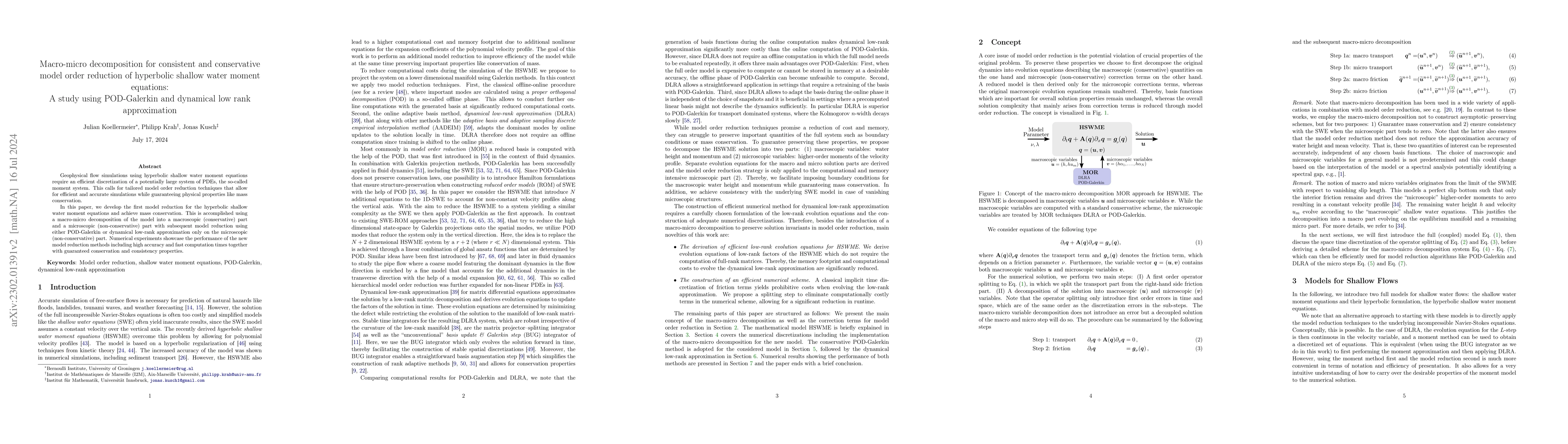 Thumbnail for Macro-micro decomposition for consistent and conservative model order
  reduction of hyperbolic shallow water moment equations: A study using
  POD-Galerkin and dynamical low rank approximation