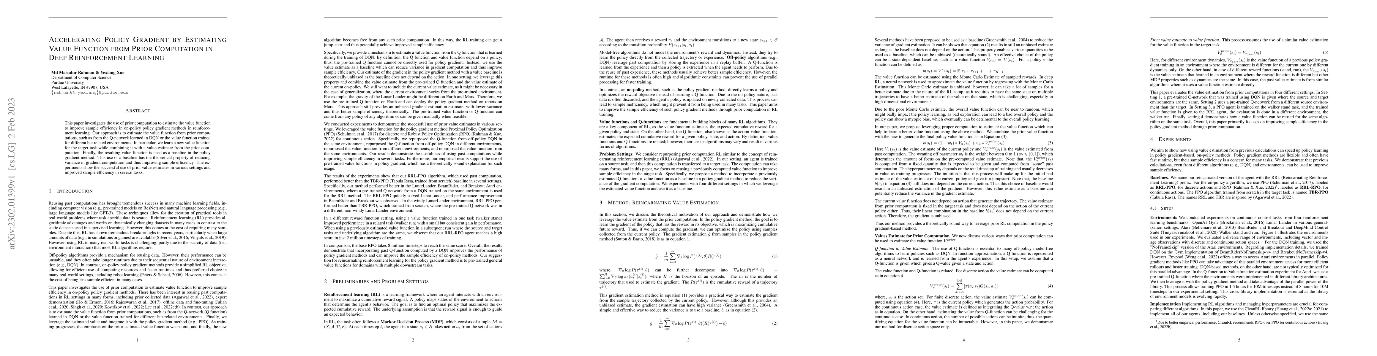 Thumbnail for Accelerating Policy Gradient by Estimating Value Function from Prior
  Computation in Deep Reinforcement Learning