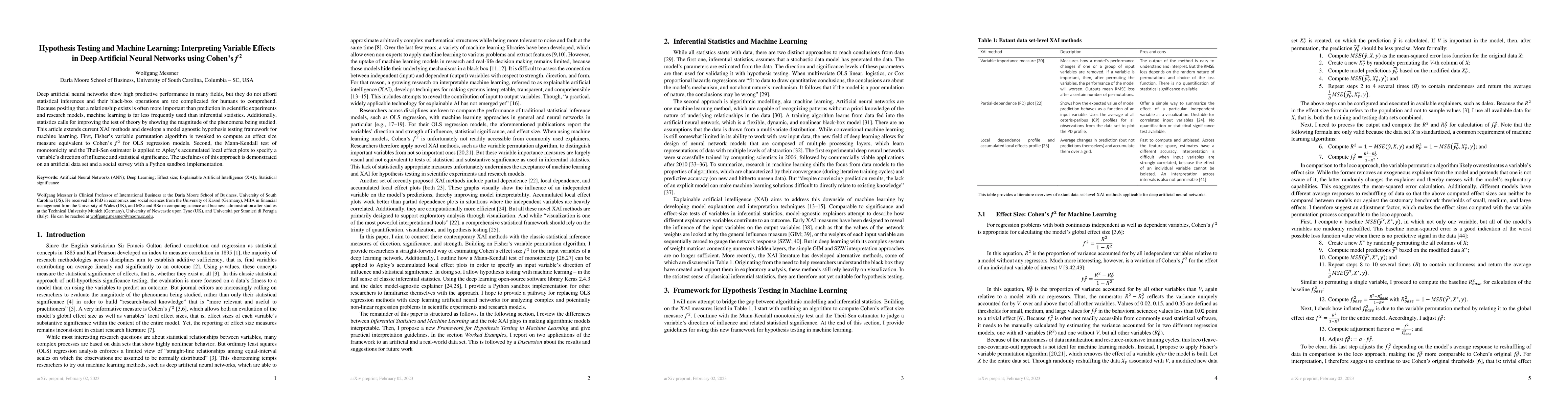 Thumbnail for Hypothesis Testing and Machine Learning: Interpreting Variable Effects
  in Deep Artificial Neural Networks using Cohen's f2