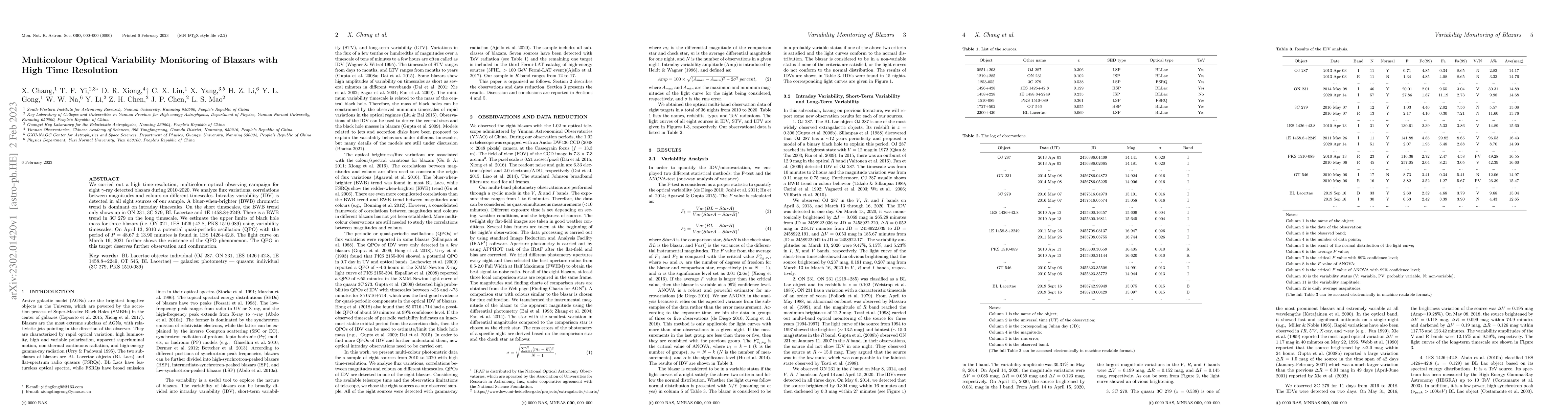 Thumbnail for Multicolour Optical Variability Monitoring of Blazars with High Time
  Resolution