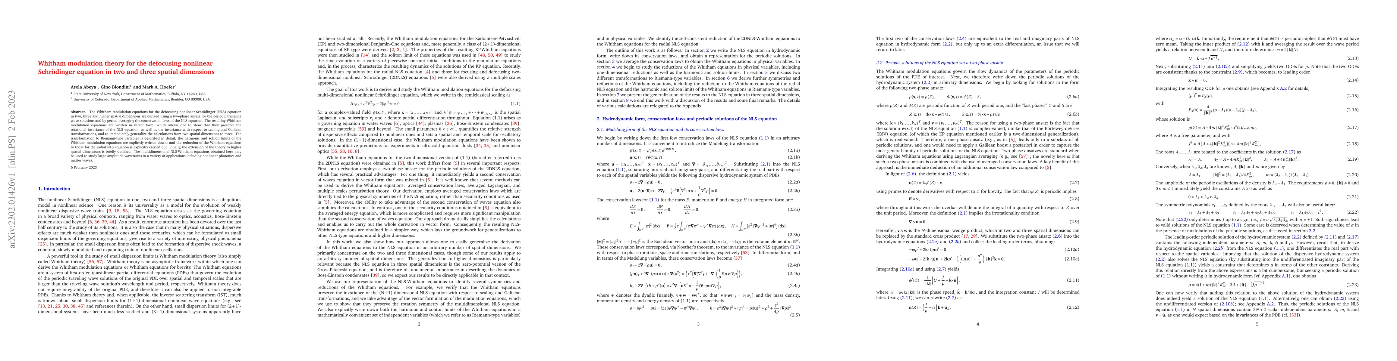 Thumbnail for Whitham modulation theory for the defocusing nonlinear Schrodinger
  equation in two and three spatial dimensions