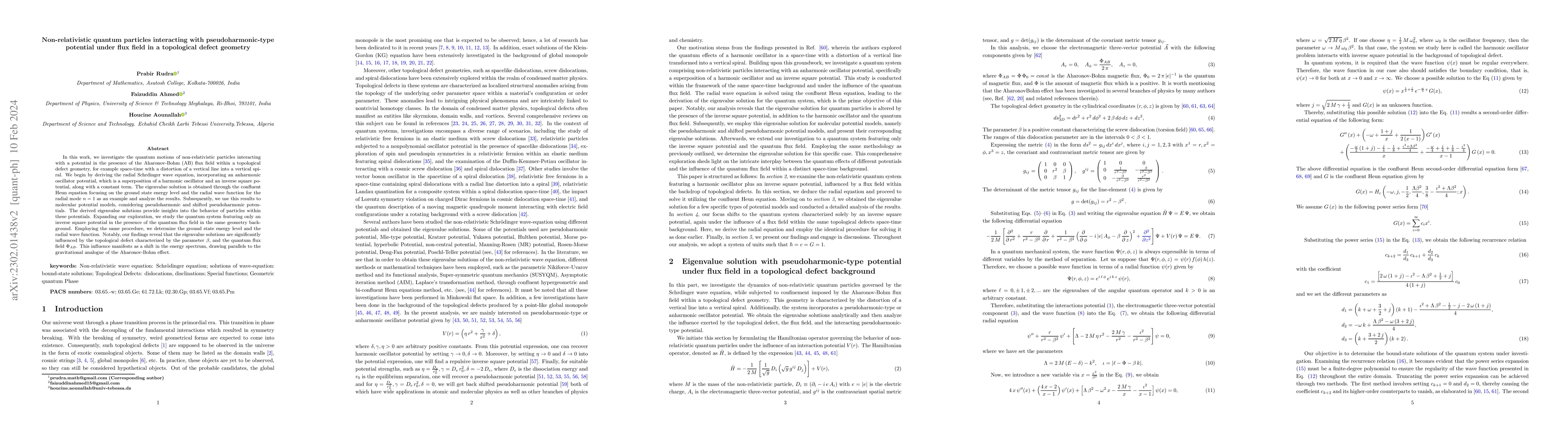 Thumbnail for Non-relativistic quantum particles interacting with pseudoharmonic-type
  potential under flux field in a topological defect geometry