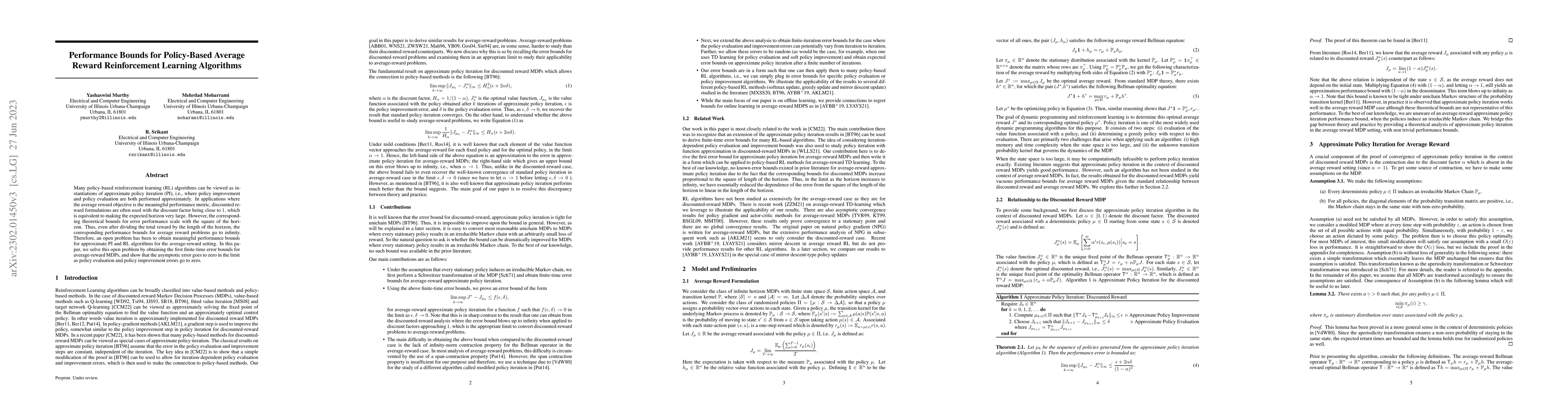Thumbnail for Performance Bounds for Policy-Based Average Reward Reinforcement
  Learning Algorithms