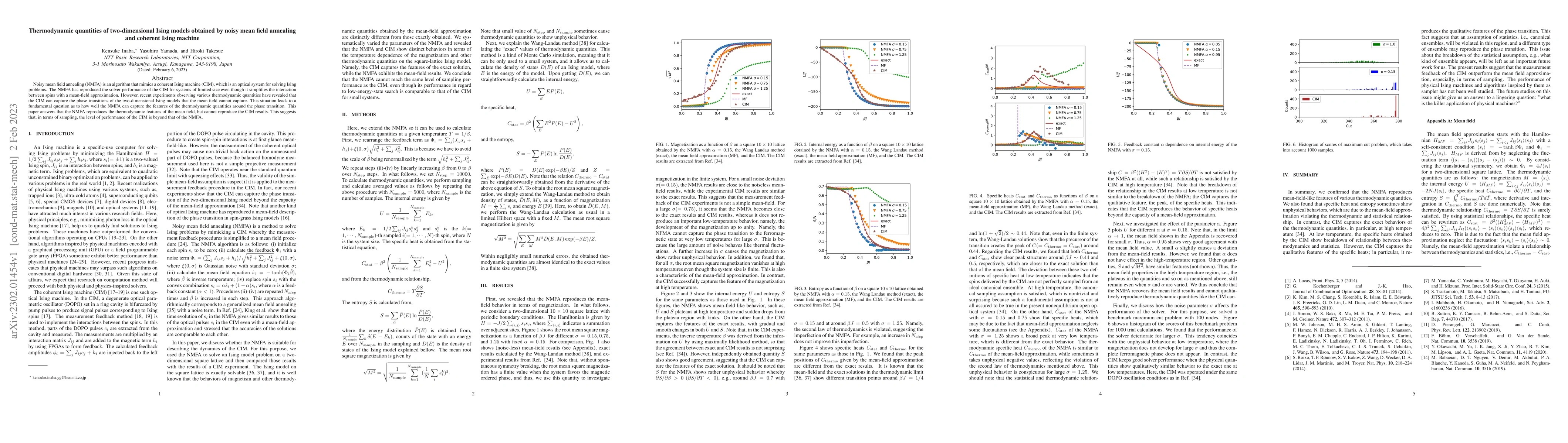 Thumbnail for Thermodynamic quantities of two-dimensional Ising models obtained by
  noisy mean field annealing and coherent Ising machine