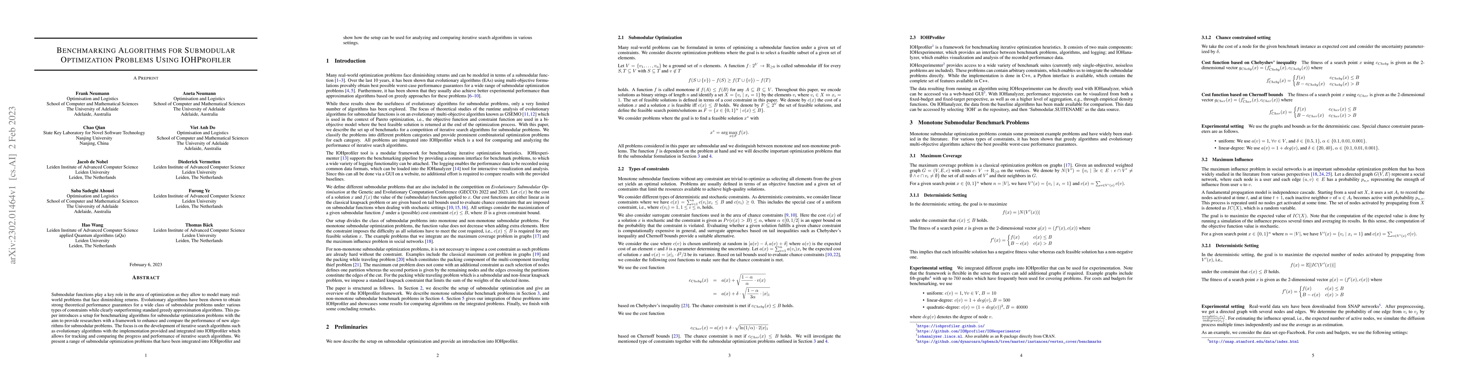 Thumbnail for Benchmarking Algorithms for Submodular Optimization Problems Using
  IOHProfiler