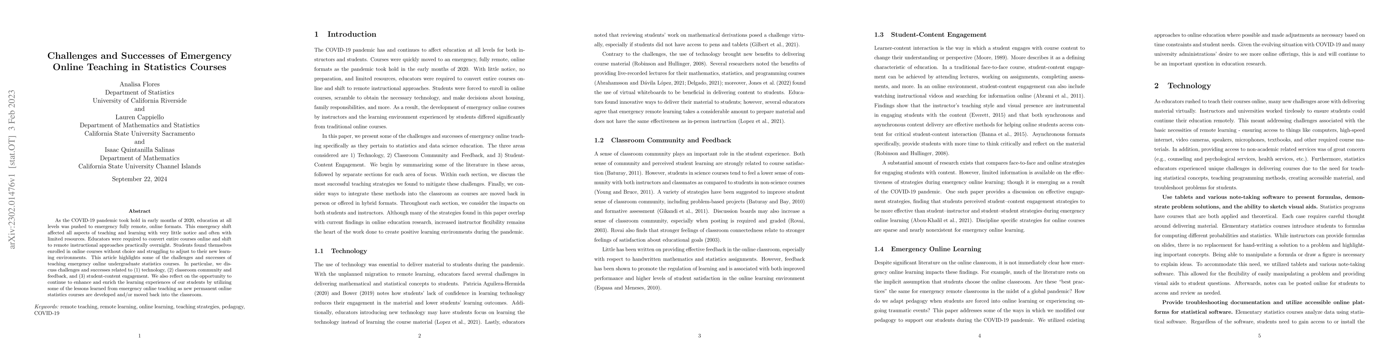 Thumbnail for Challenges and Successes of Emergency Online Teaching in Statistics
  Courses