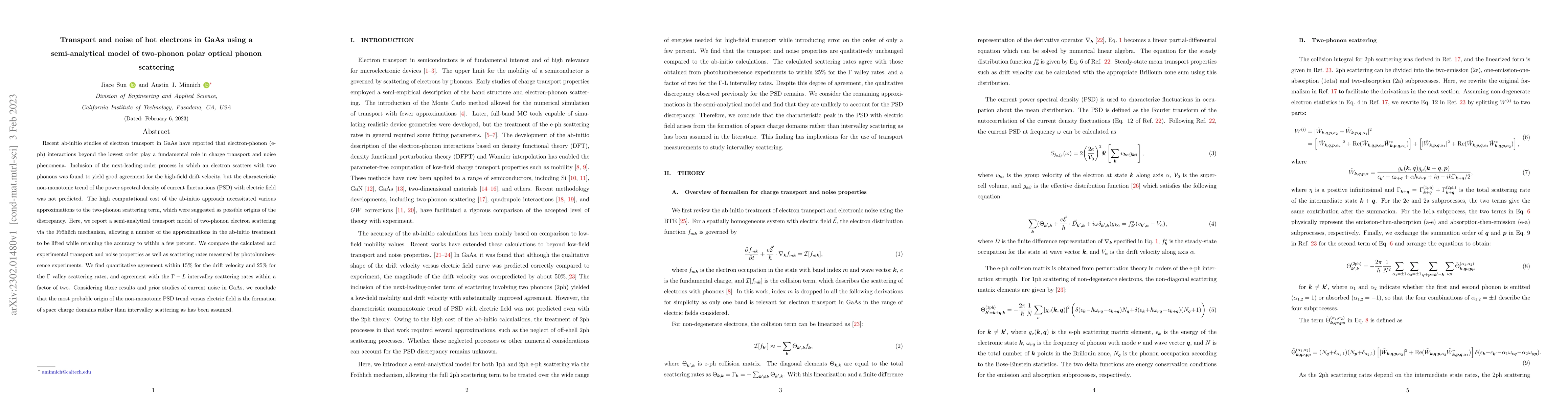Thumbnail for Transport and noise of hot electrons in GaAs using a semi-analytical
  model of two-phonon polar optical phonon scattering