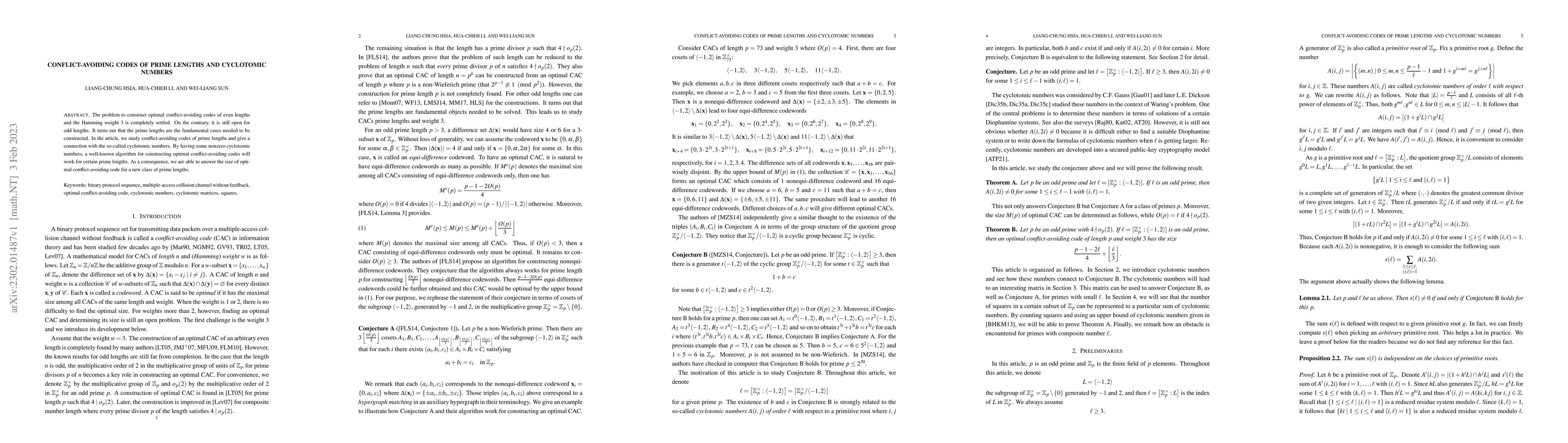 Thumbnail for Conflict-Avoiding Codes of Prime Lengths and Cyclotomic Numbers