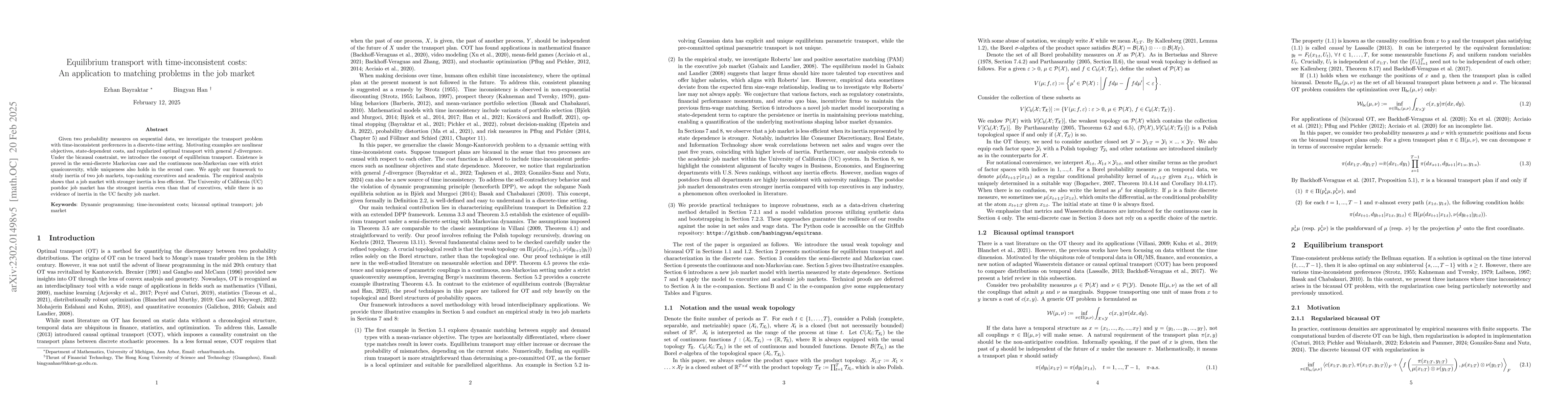 Thumbnail for Equilibrium transport with time-inconsistent costs: An application to
  matching problems in the job market