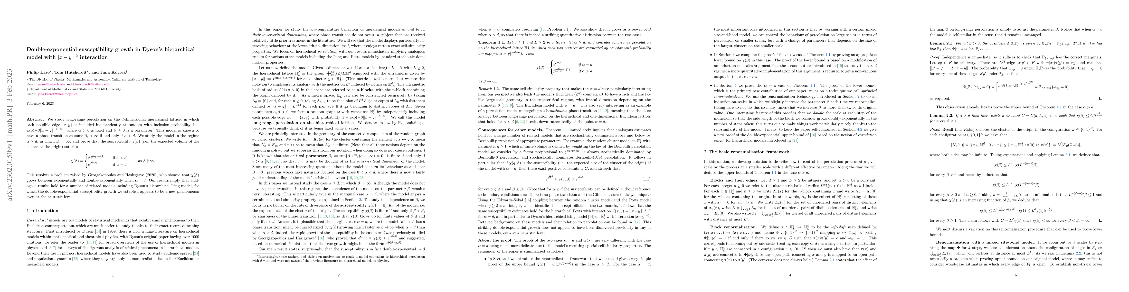 Thumbnail for Double-exponential susceptibility growth in Dyson's hierarchical model
  with $|x-y|^{-2}$ interaction