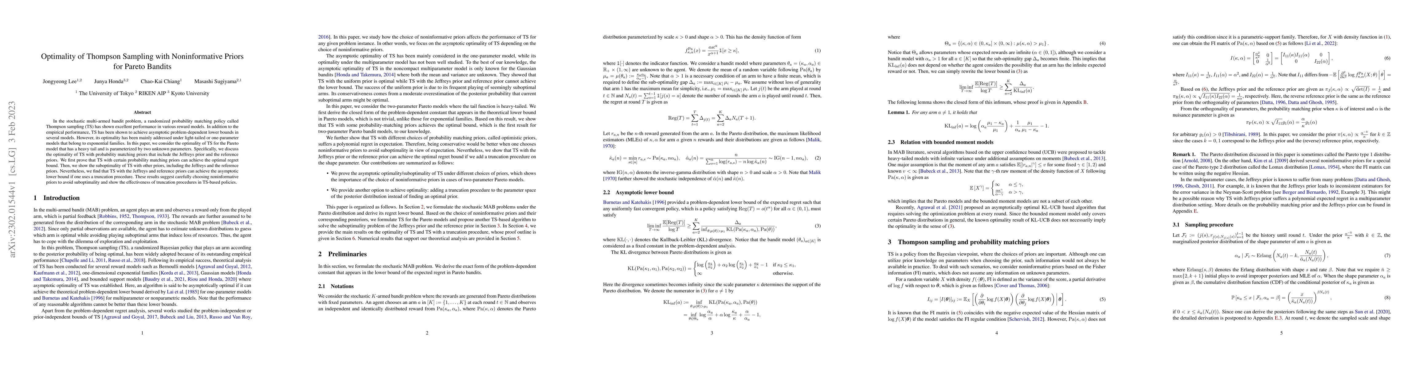 Thumbnail for Optimality of Thompson Sampling with Noninformative Priors for Pareto
  Bandits