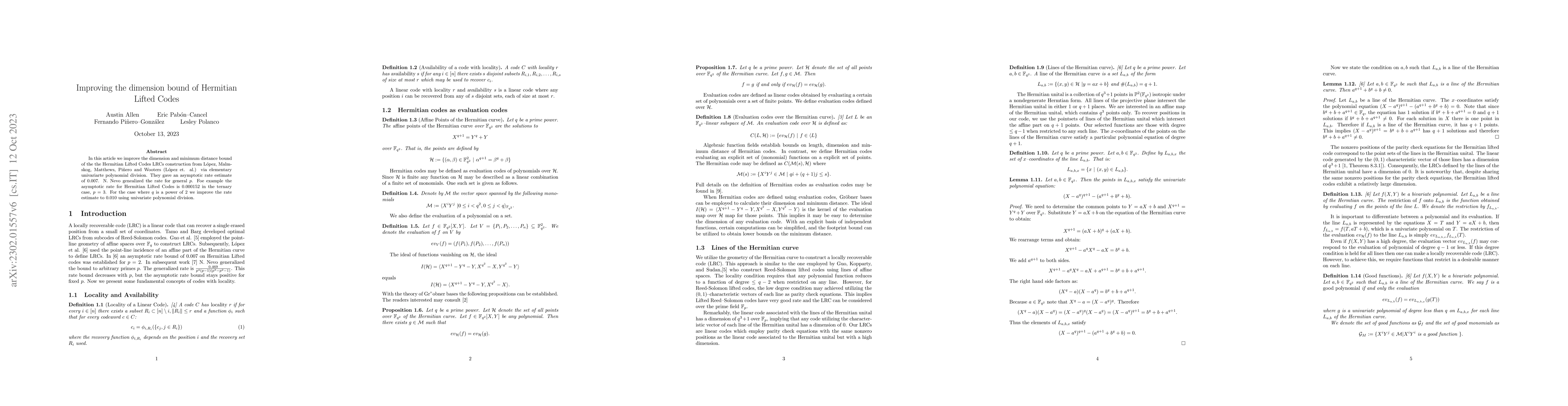 Thumbnail for Improving the dimension bound of Hermitian Lifted Codes